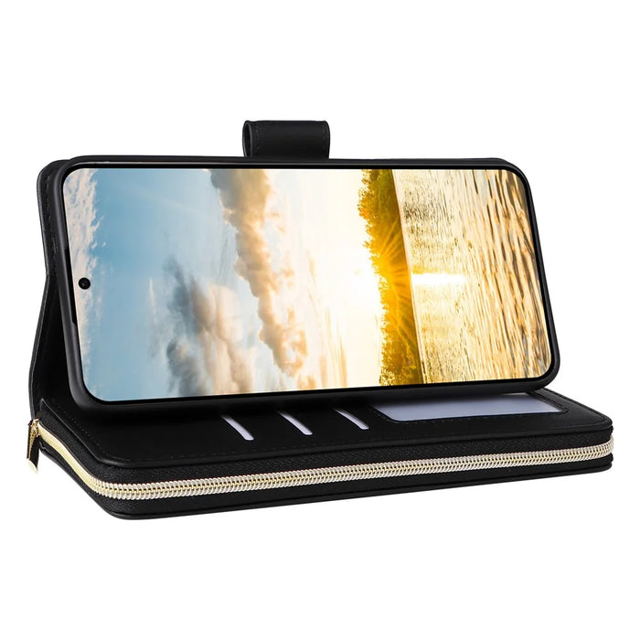 R20 For Samsung Galaxy S23 FE Case Leather Zipper Phone Cover with 9 Card Slots - Black - 4