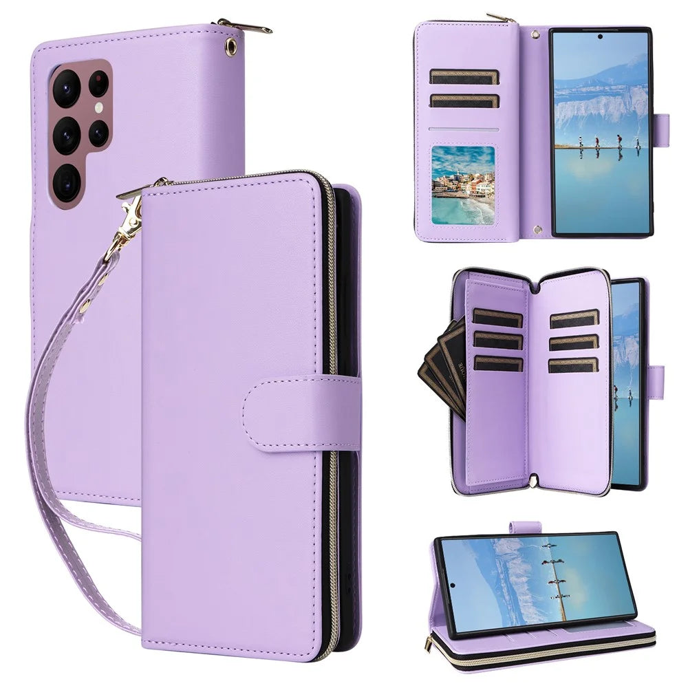 R20 For Samsung Galaxy S22 Ultra 5G Leather Case Zipper Pocket Stand Phone Cover - Light Purple - 1