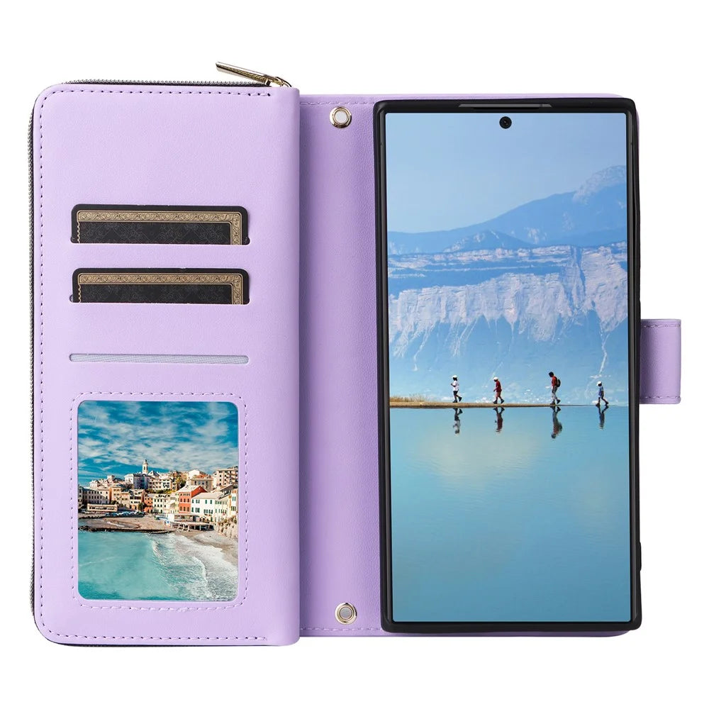 R20 For Samsung Galaxy S22 Ultra 5G Leather Case Zipper Pocket Stand Phone Cover - Light Purple - 2
