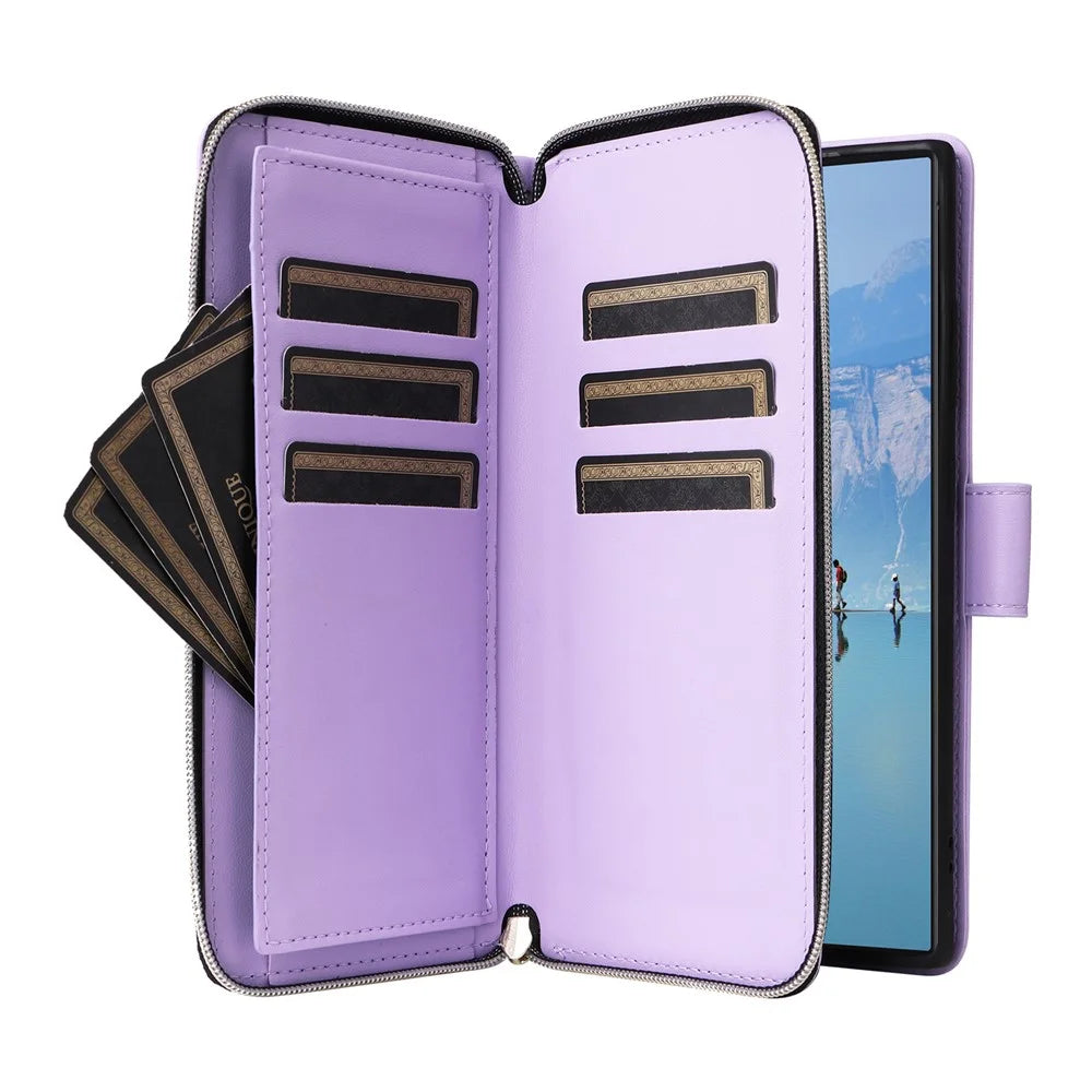R20 For Samsung Galaxy S22 Ultra 5G Leather Case Zipper Pocket Stand Phone Cover - Light Purple - 3