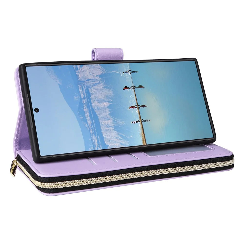 R20 For Samsung Galaxy S22 Ultra 5G Leather Case Zipper Pocket Stand Phone Cover - Light Purple - 4