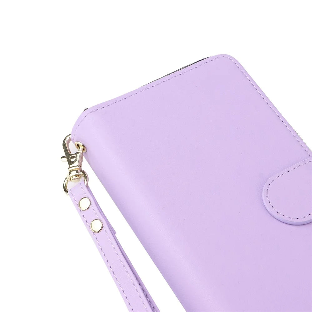 R20 For Samsung Galaxy S22 Ultra 5G Leather Case Zipper Pocket Stand Phone Cover - Light Purple - 5