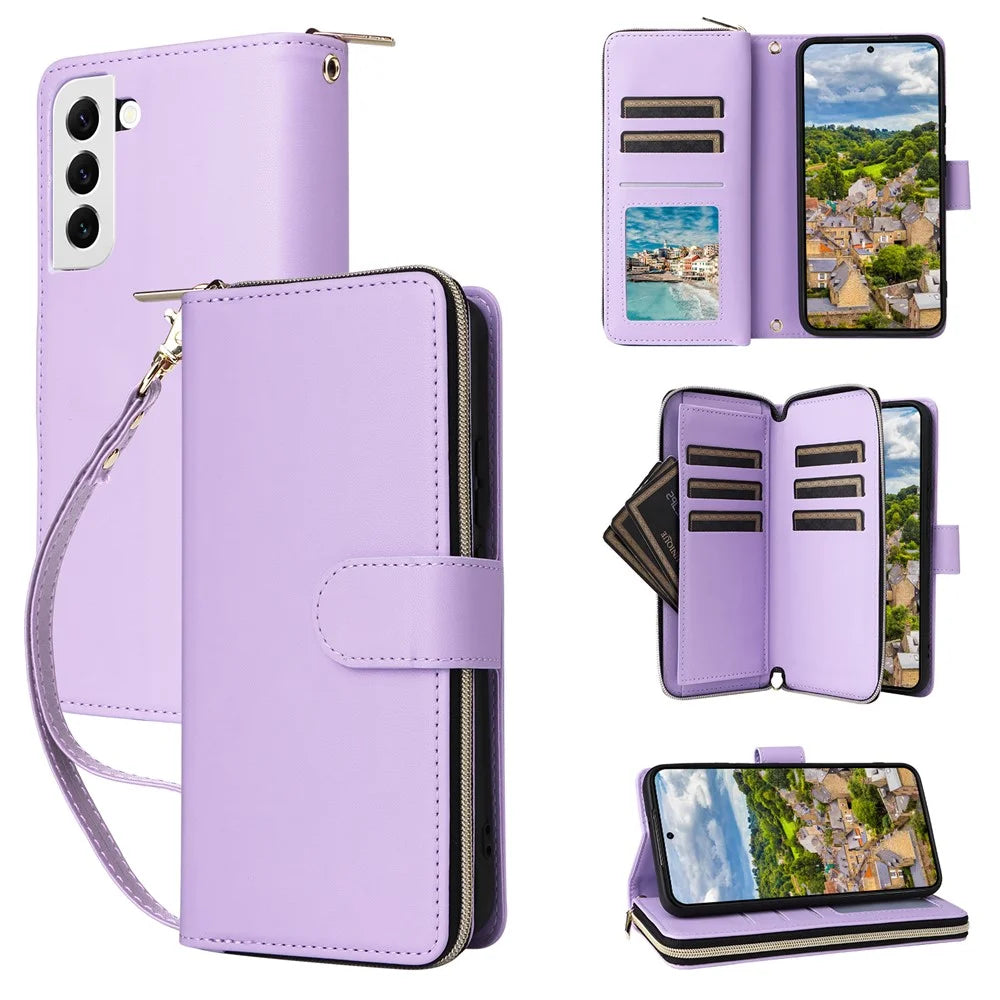 R20 For Samsung Galaxy S22 5G Case PU Leather Zipper Phone Cover with Straps - Light Purple - 1