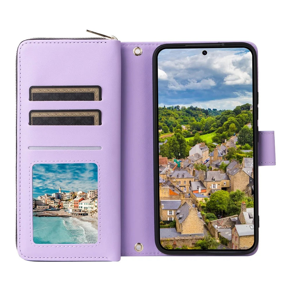 R20 For Samsung Galaxy S22 5G Case PU Leather Zipper Phone Cover with Straps - Light Purple - 2