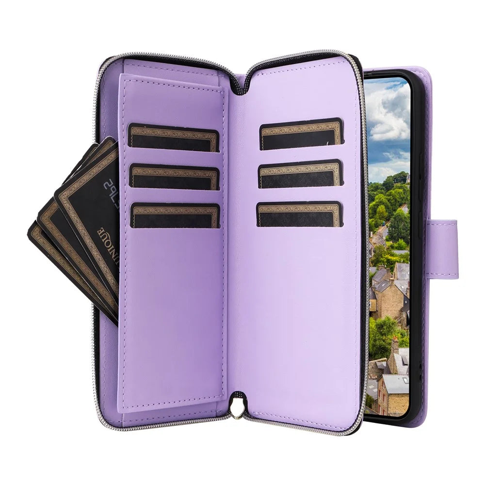 R20 For Samsung Galaxy S22 5G Case PU Leather Zipper Phone Cover with Straps - Light Purple - 3