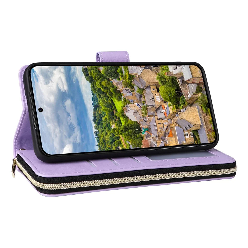 R20 For Samsung Galaxy S22 5G Case PU Leather Zipper Phone Cover with Straps - Light Purple - 4