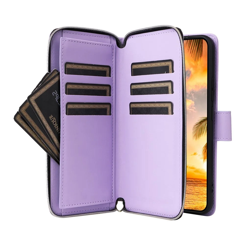 R20 For Samsung Galaxy S22+ 5G Case Zipper Leather Phone Cover Stand View - Light Purple - 3
