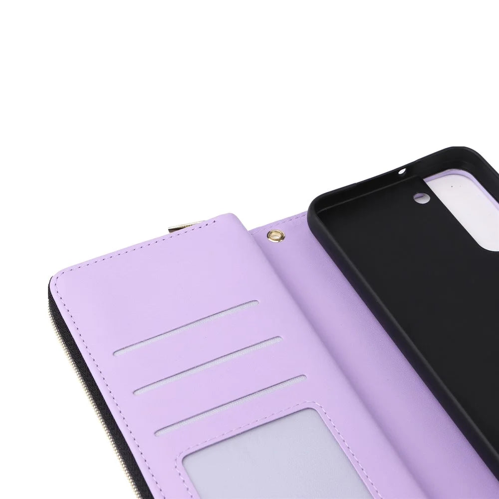 R20 For Samsung Galaxy S22+ 5G Case Zipper Leather Phone Cover Stand View - Light Purple - 7