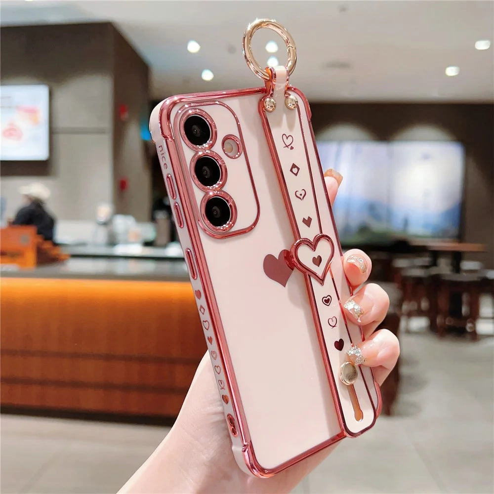 For Samsung Galaxy S24 Case TPU Phone Cover Electroplate Heart Design with Wristband - Pink - 2
