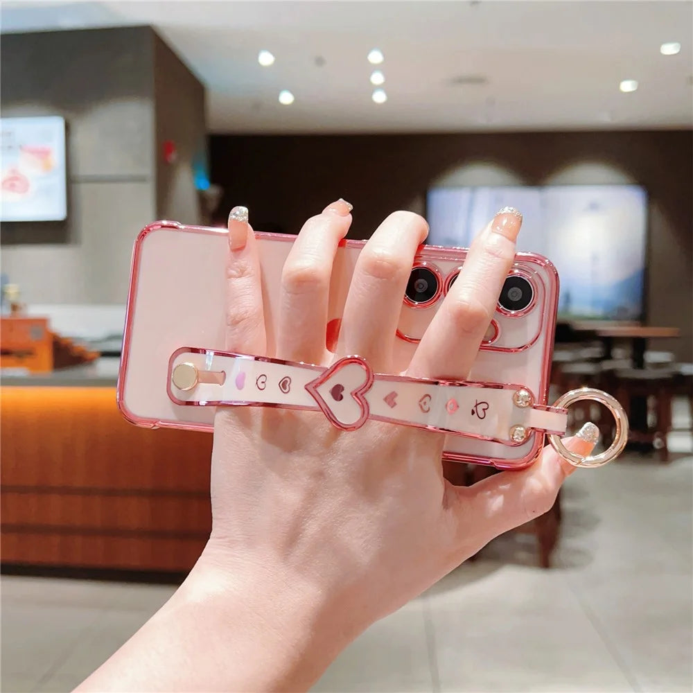 For Samsung Galaxy S24 Case TPU Phone Cover Electroplate Heart Design with Wristband - Pink - 4