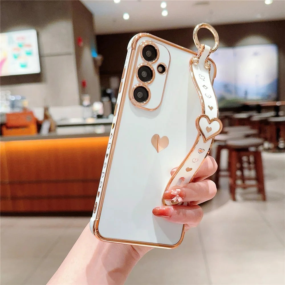 For Samsung Galaxy A55 5G Case Wristband TPU Phone Cover Love Heart Electroplating - Ivory White - 2
