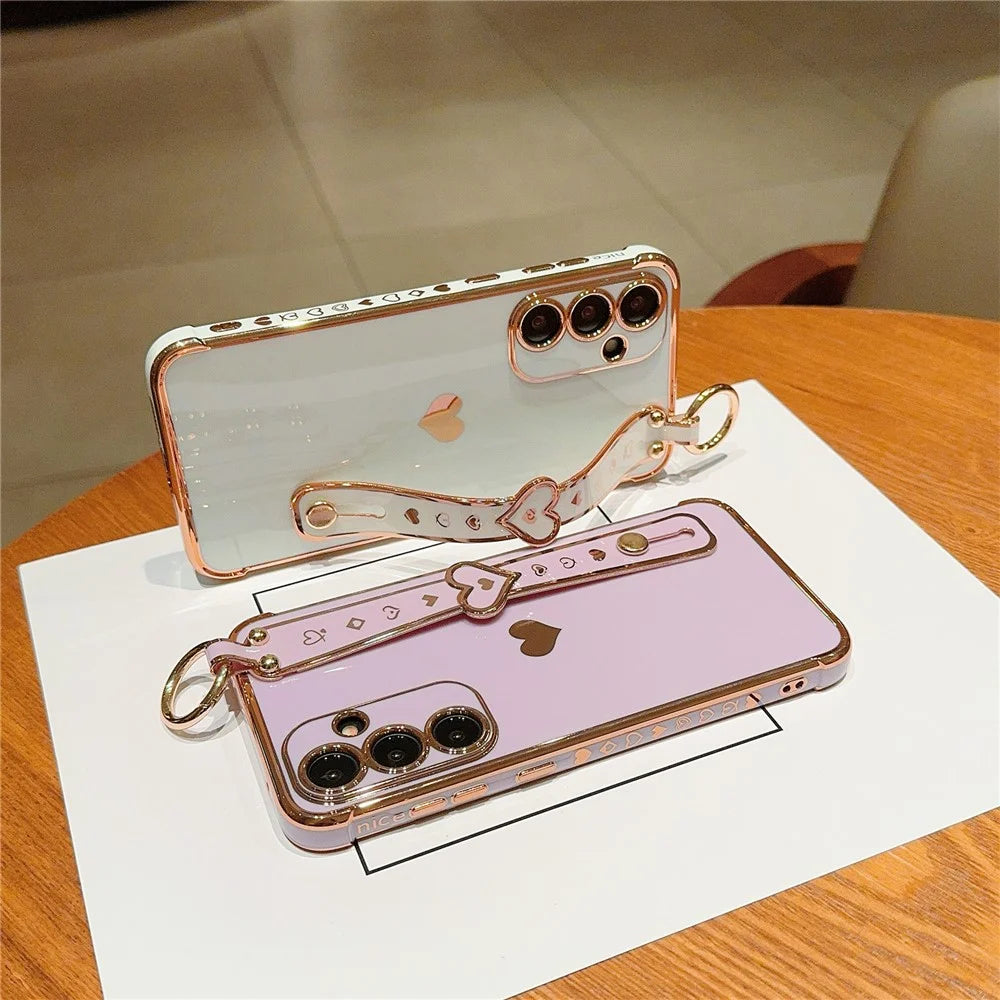 For Samsung Galaxy A55 5G Case Wristband TPU Phone Cover Love Heart Electroplating - Ivory White - 5