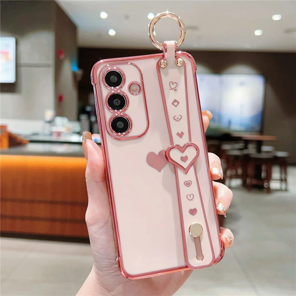 For Samsung Galaxy S24+ Case Wristband TPU Phone Cover Side Edge Small Love Pattern - Pink - 1