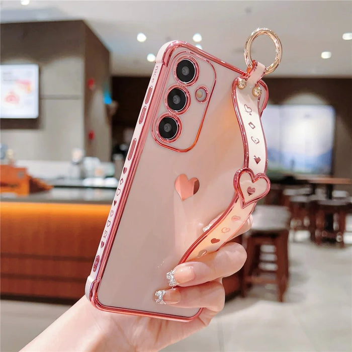 For Samsung Galaxy S24+ Case Wristband TPU Phone Cover Side Edge Small Love Pattern - Pink - 3