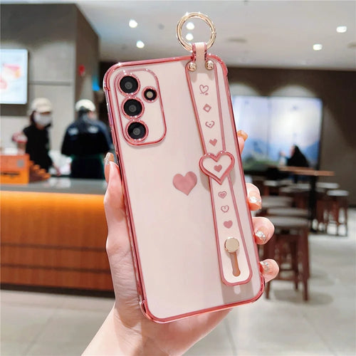 For Samsung Galaxy A15 4G / 5G Case Love Heart Pattern TPU Phone Cover Wristband Kickstand Holder - Pink - 1