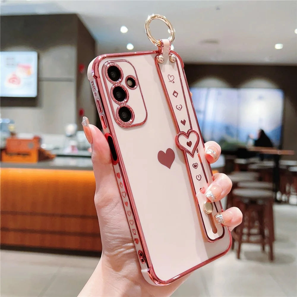 For Samsung Galaxy A15 4G / 5G Case Love Heart Pattern TPU Phone Cover Wristband Kickstand Holder - Pink - 2