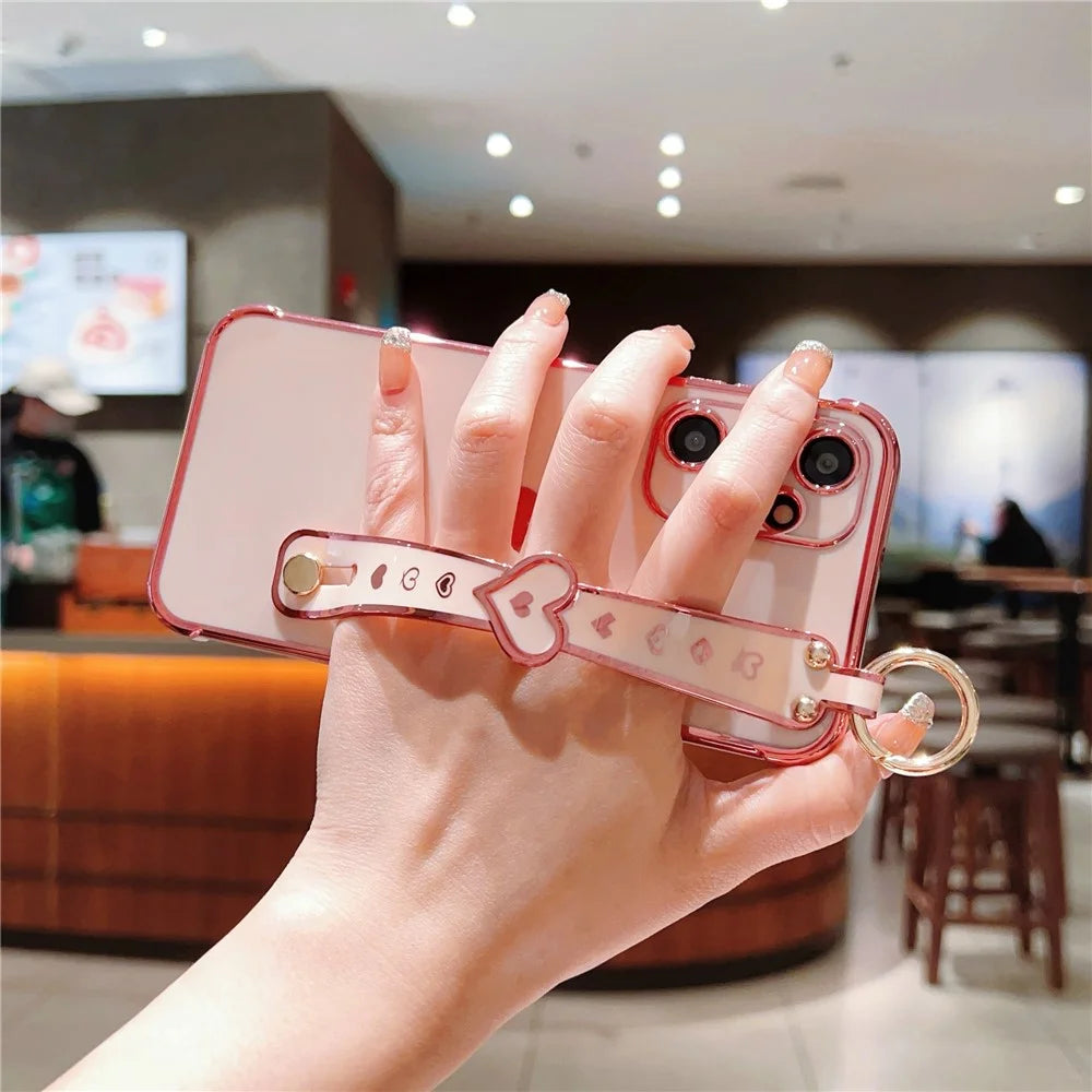 For Samsung Galaxy A15 4G / 5G Case Love Heart Pattern TPU Phone Cover Wristband Kickstand Holder - Pink - 4
