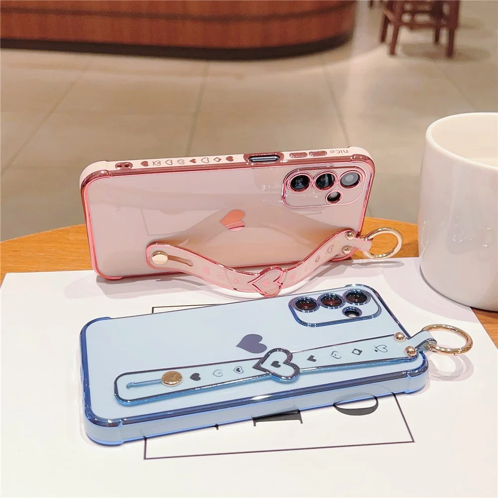 For Samsung Galaxy A15 4G / 5G Case Love Heart Pattern TPU Phone Cover Wristband Kickstand Holder - Pink - 5