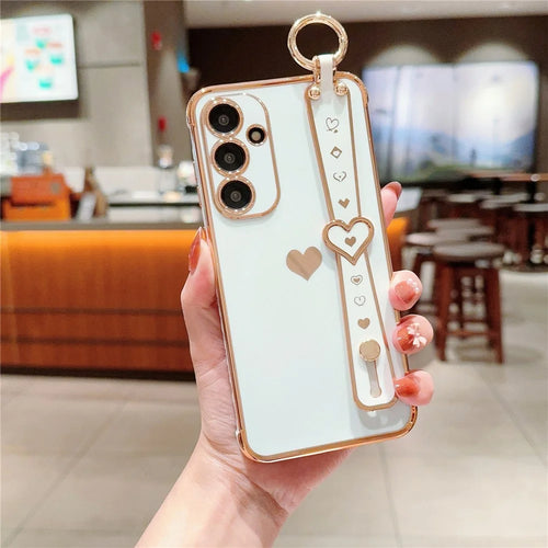 For Samsung Galaxy A54 5G Case Electroplating Love Heart TPU Phone Cover Wristband Ring Holder - Ivory White - 1