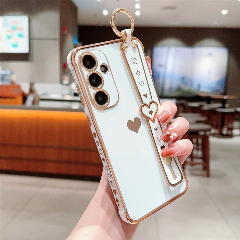 For Samsung Galaxy A54 5G Case Electroplating Love Heart TPU Phone Cover Wristband Ring Holder - Ivory White - 3