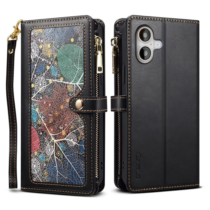 ESEBLE Galaxy Series For iPhone 16 Plus Case RFID Blocking Zipper Wallet Leather Phone Cover - Black - 1