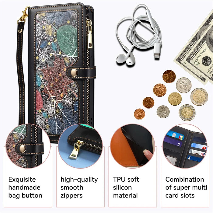 ESEBLE Galaxy Series For iPhone 16 Plus Case RFID Blocking Zipper Wallet Leather Phone Cover - Black - 5