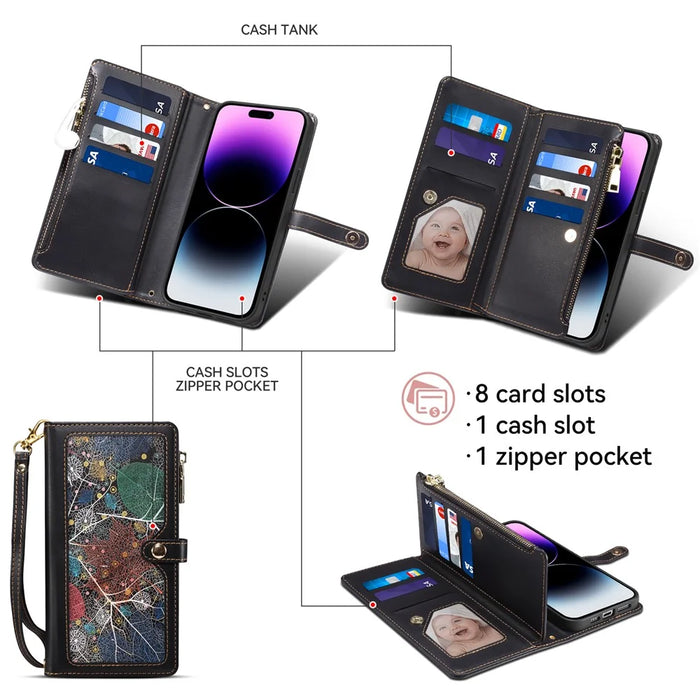 ESEBLE Galaxy Series For iPhone 16 Plus Case RFID Blocking Zipper Wallet Leather Phone Cover - Black - 6