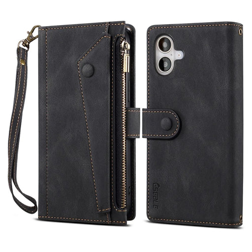 ESEBLE Star Series For iPhone 16 Plus Case Zipper Wallet Leather Stand Phone Cover - Black - 1