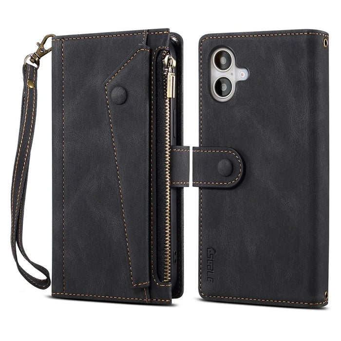ESEBLE Star Series For iPhone 16 Plus Case Zipper Wallet Leather Stand Phone Cover - Black - 1