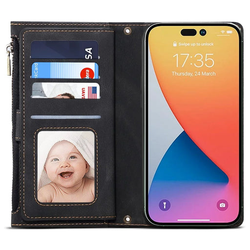 ESEBLE Star Series For iPhone 16 Plus Case Zipper Wallet Leather Stand Phone Cover - Black - 2