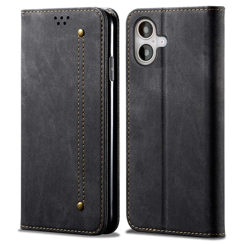 For iPhone 16 Plus Case Jeans Cloth Texture Anti-Scratch Leather Stand Phone Cover - Black - 1