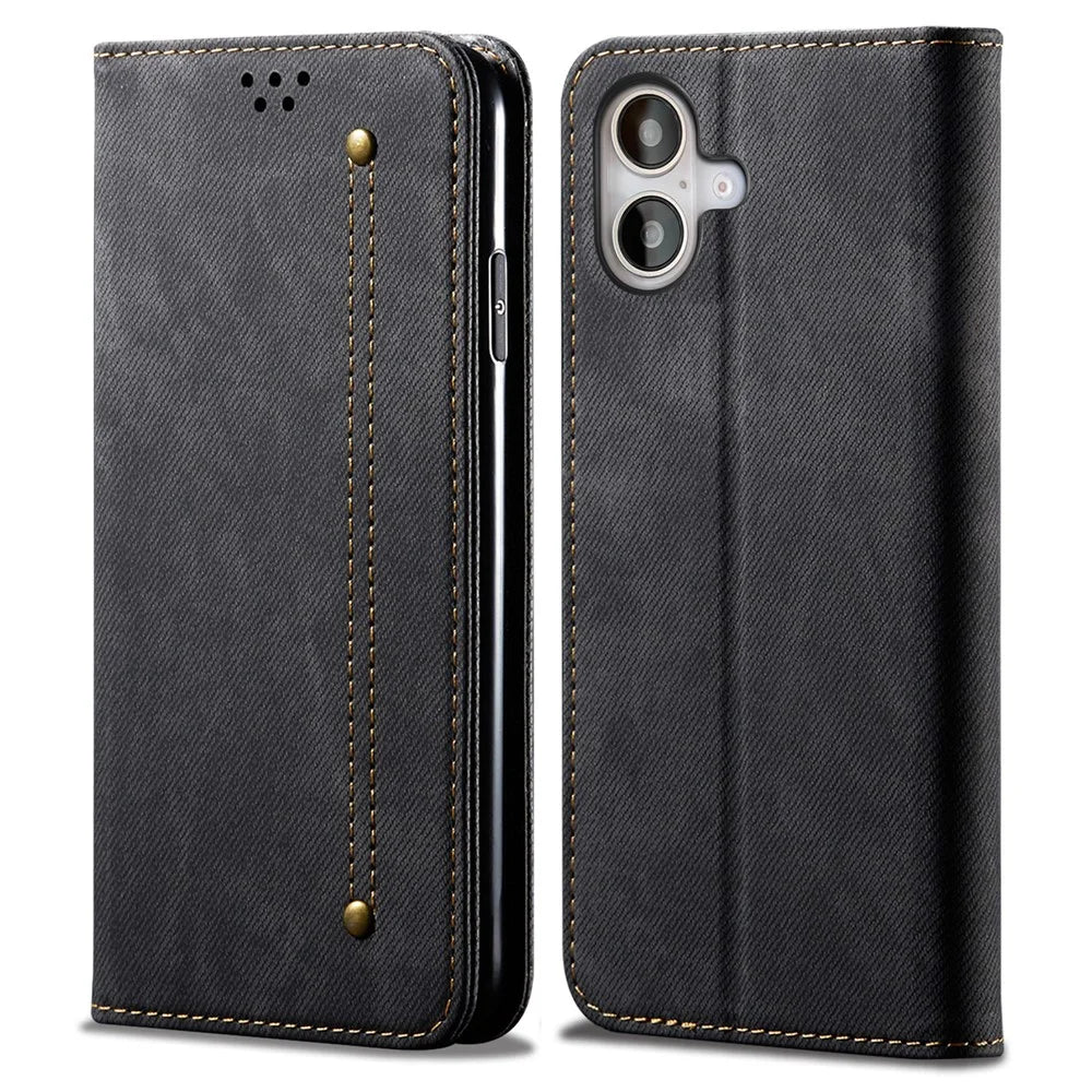 For iPhone 16 Plus Case Jeans Cloth Texture Anti-Scratch Leather Stand Phone Cover - Black - 1