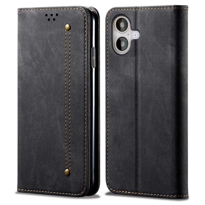 For iPhone 16 Plus Case Jeans Cloth Texture Anti-Scratch Leather Stand Phone Cover - Black - 1