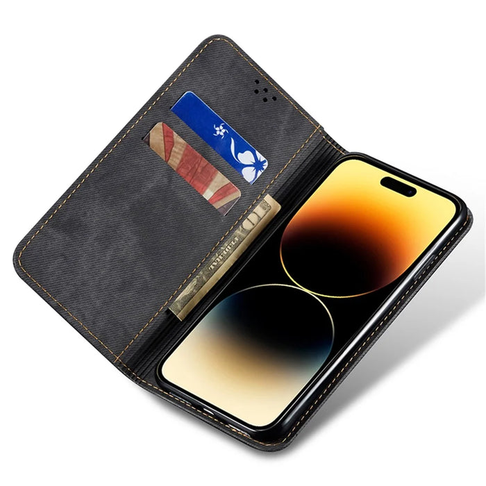 For iPhone 16 Plus Case Jeans Cloth Texture Anti-Scratch Leather Stand Phone Cover - Black - 2