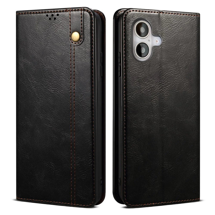 For iPhone 16 Plus Case Crazy Horse Texture Waxy Leather Wallet Stand Cover - Black - 1