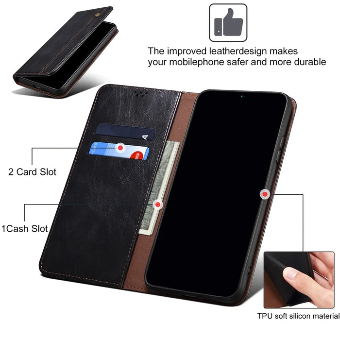 For iPhone 16 Plus Case Crazy Horse Texture Waxy Leather Wallet Stand Cover - Black - 5