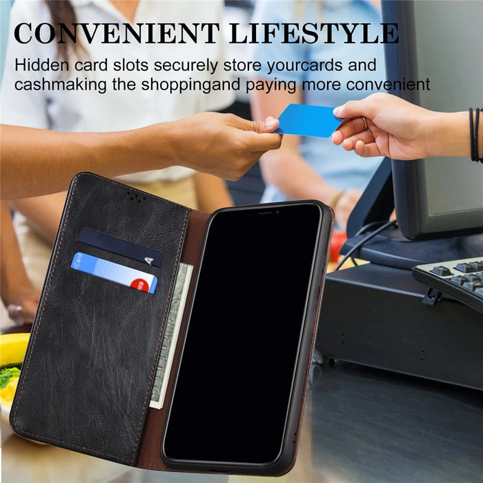 For iPhone 16 Plus Case Crazy Horse Texture Waxy Leather Wallet Stand Cover - Black - 6