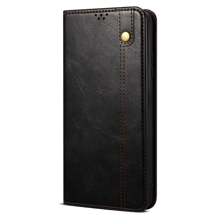 For iPhone 16 Plus Case Crazy Horse Texture Waxy Leather Wallet Stand Cover - Black - 7