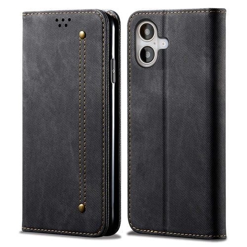 For iPhone 16 Case Jeans Cloth Texture Anti-Scratch Leather Stand Phone Cover - Black - 1