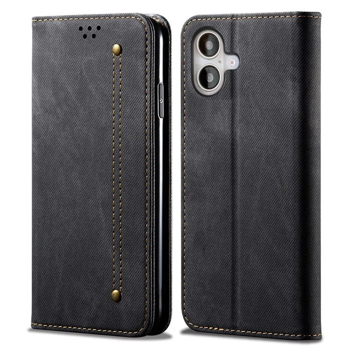 For iPhone 16 Case Jeans Cloth Texture Anti-Scratch Leather Stand Phone Cover - Black - 1