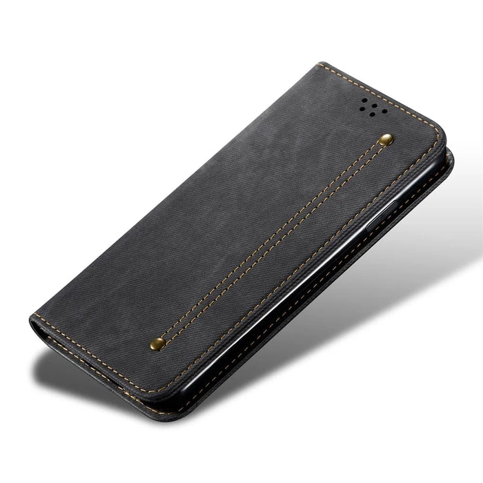 For iPhone 16 Case Jeans Cloth Texture Anti-Scratch Leather Stand Phone Cover - Black - 4