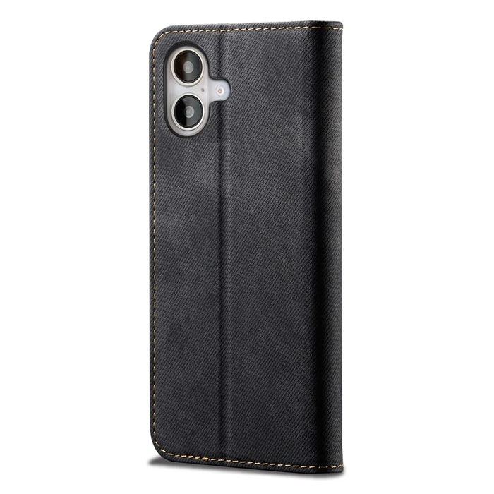 For iPhone 16 Case Jeans Cloth Texture Anti-Scratch Leather Stand Phone Cover - Black - 6