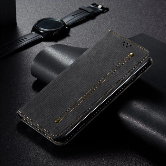 For iPhone 16 Case Jeans Cloth Texture Anti-Scratch Leather Stand Phone Cover - Black - 7