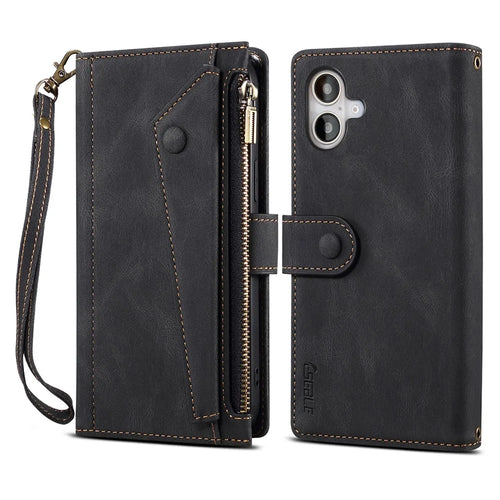 ESEBLE Star Series For iPhone 16 Case Zipper Wallet Leather Stand Phone Cover - Black - 1