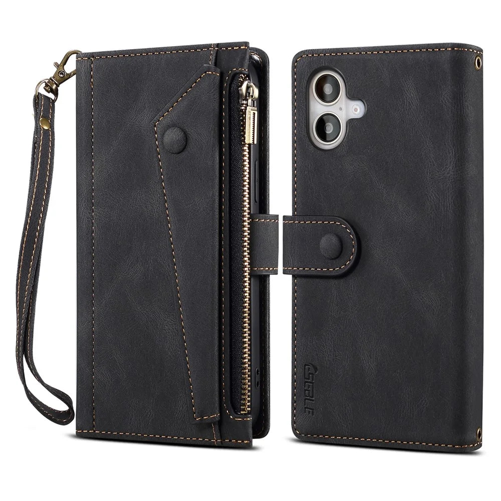 ESEBLE Star Series For iPhone 16 Case Zipper Wallet Leather Stand Phone Cover - Black - 1