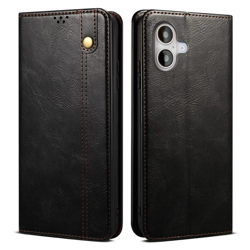 For iPhone 16 Case Crazy Horse Texture Waxy Leather Wallet Stand Cover - Black - 1