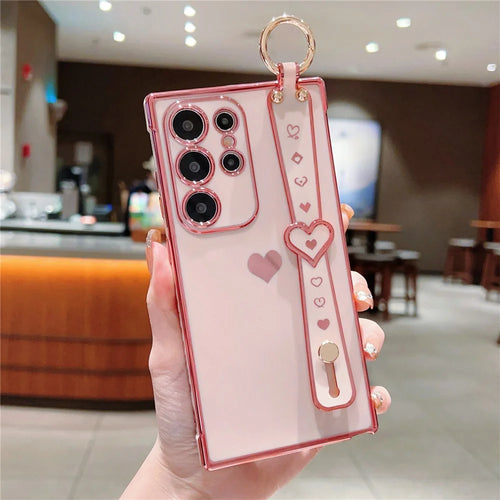 For Samsung Galaxy S24 Ultra Case Love Hearts Design TPU Phone Cover Wristband Kickstand - Pink - 1