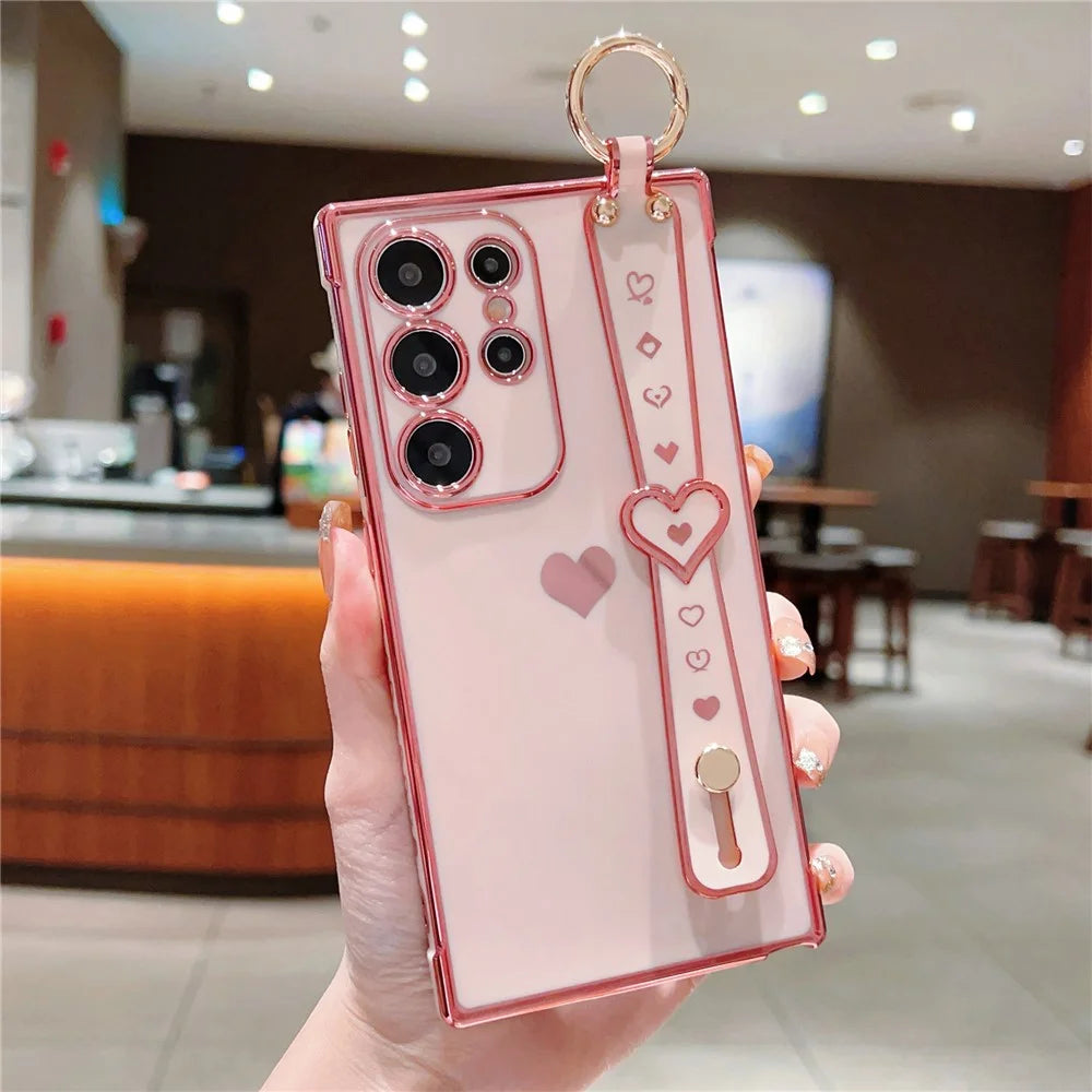 For Samsung Galaxy S23 Ultra Case TPU Electroplating Love Heart Pattern Phone Cover Wrist Strap Holder - Pink - 1