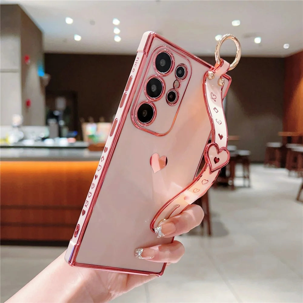 For Samsung Galaxy S23 Ultra Case TPU Electroplating Love Heart Pattern Phone Cover Wrist Strap Holder - Pink - 3