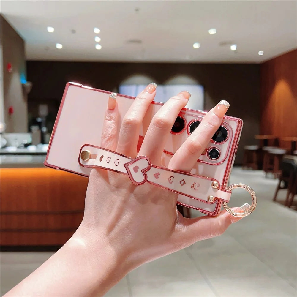 For Samsung Galaxy S23 Ultra Case TPU Electroplating Love Heart Pattern Phone Cover Wrist Strap Holder - Pink - 4
